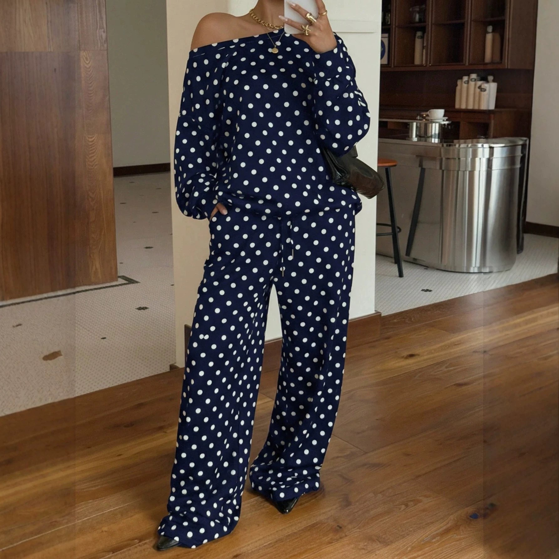 Women's Polka Dot Print One-Shoulder Long Sleeve Drawstring Pants Casual Set