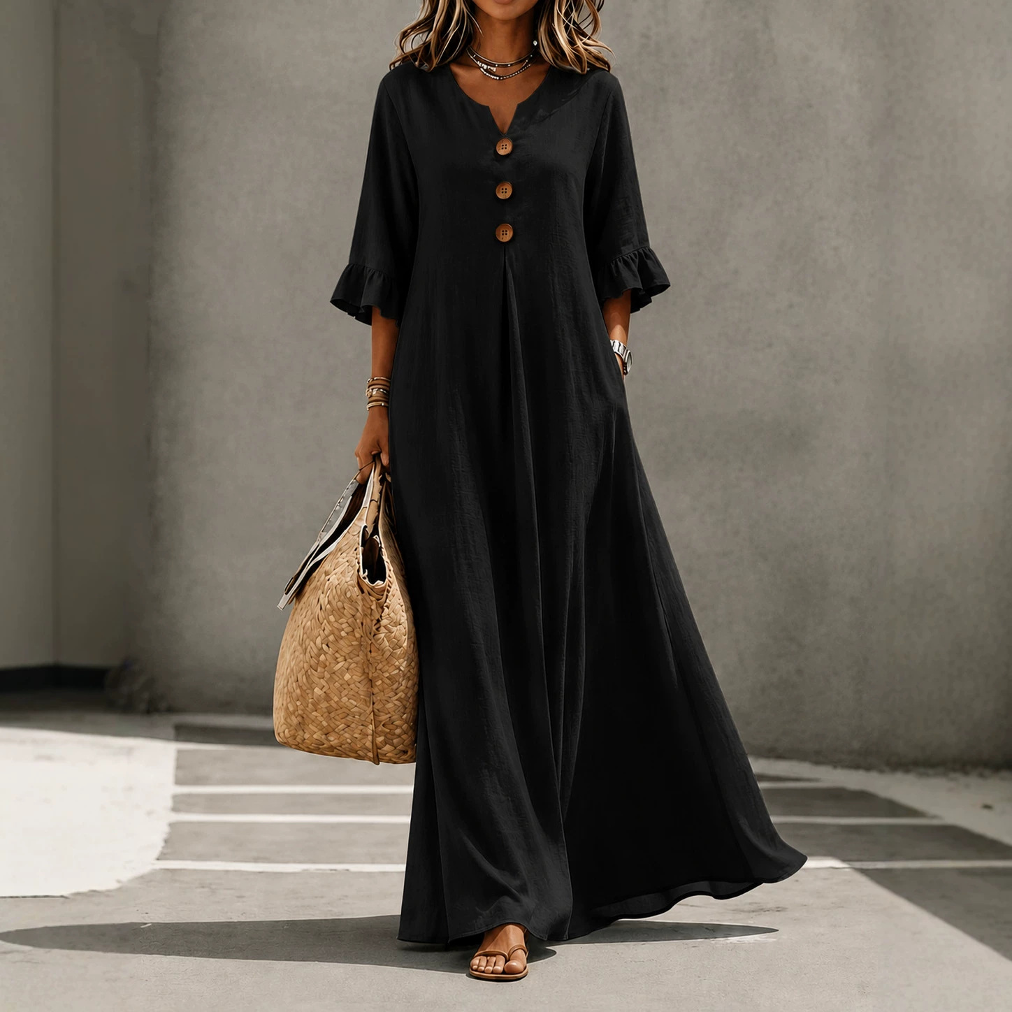 Women's Solid V-Neck Wood Button Ruffle Sleeve Pocket Dress