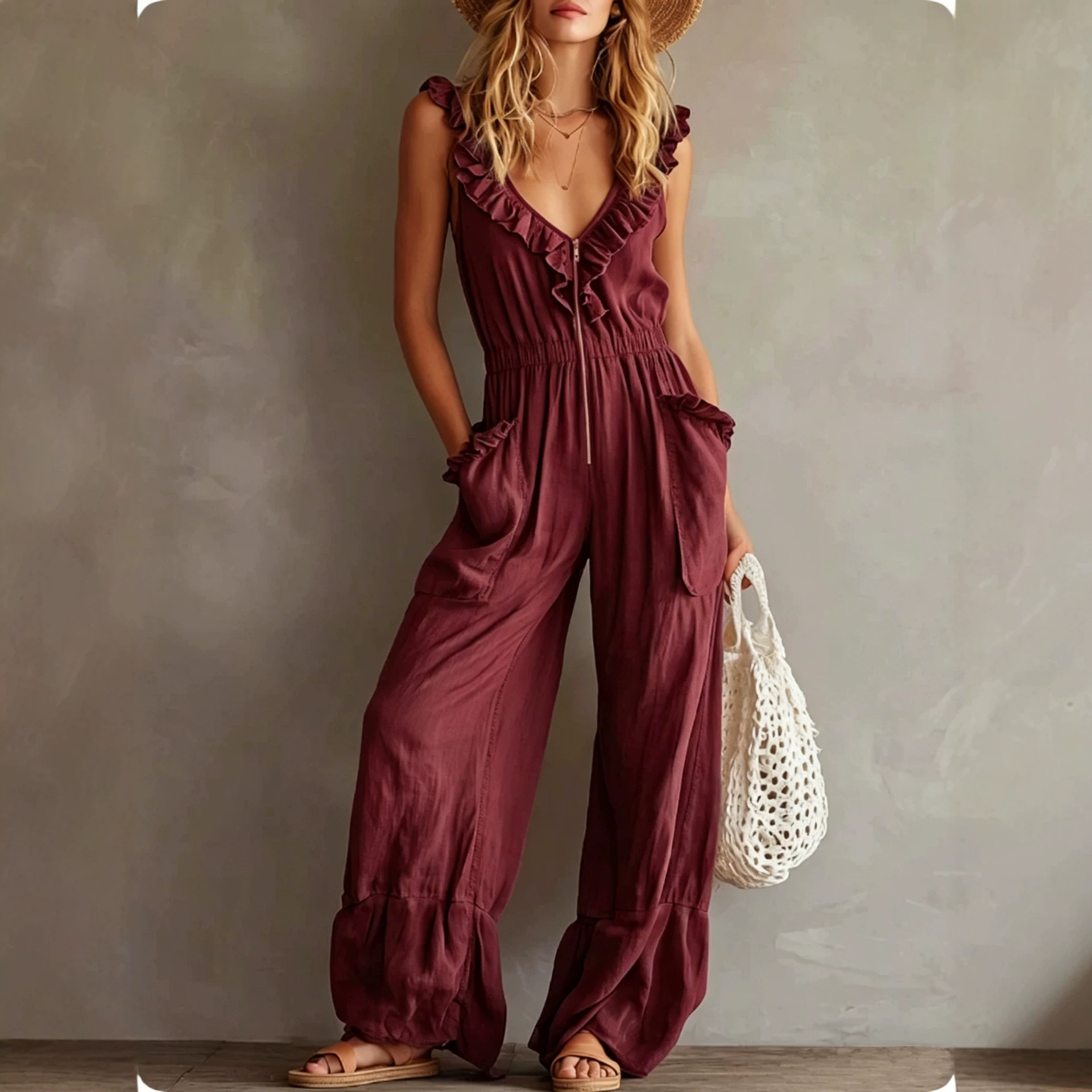 Sleeveless Ruffle Trim Wide-Leg Jumpsuit