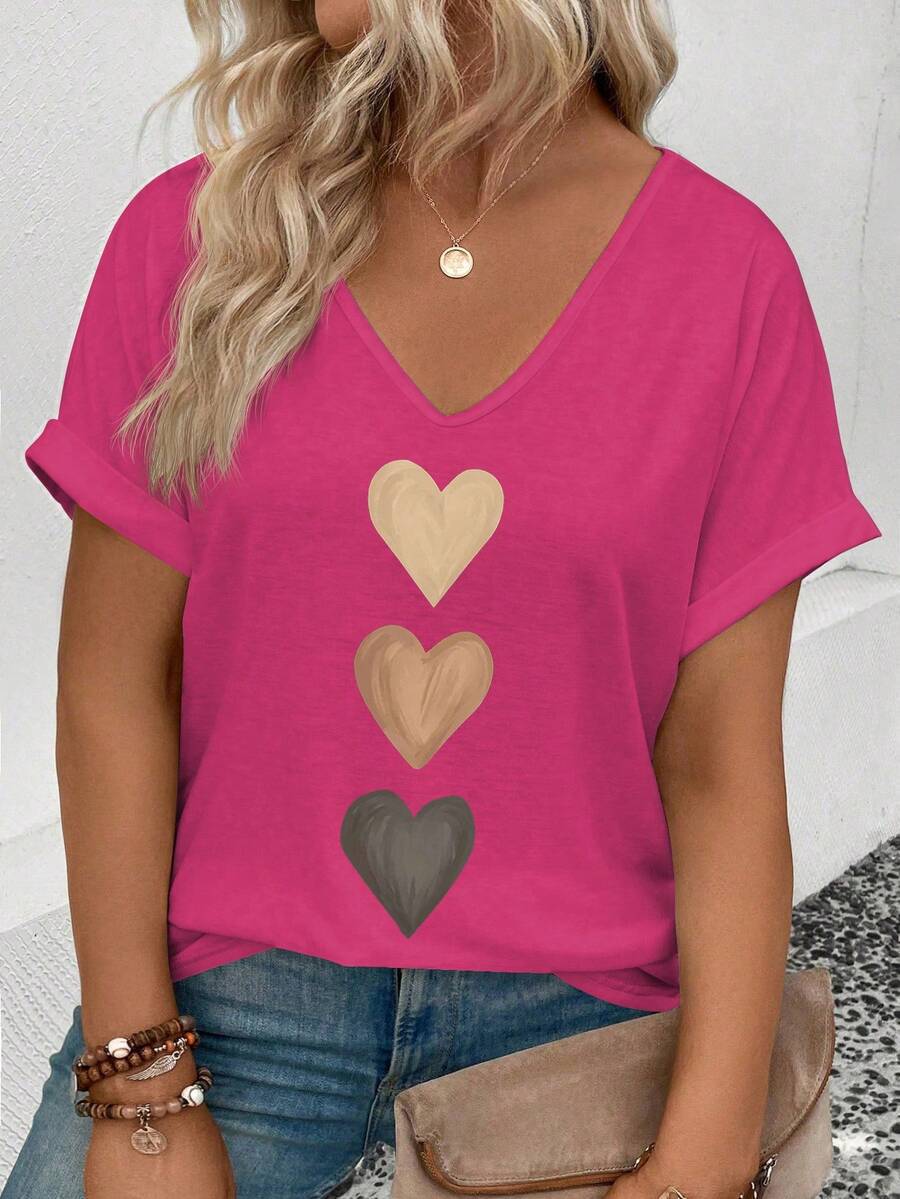 Gradient Heart Print V-Neck Short Sleeve Loose Women's Top