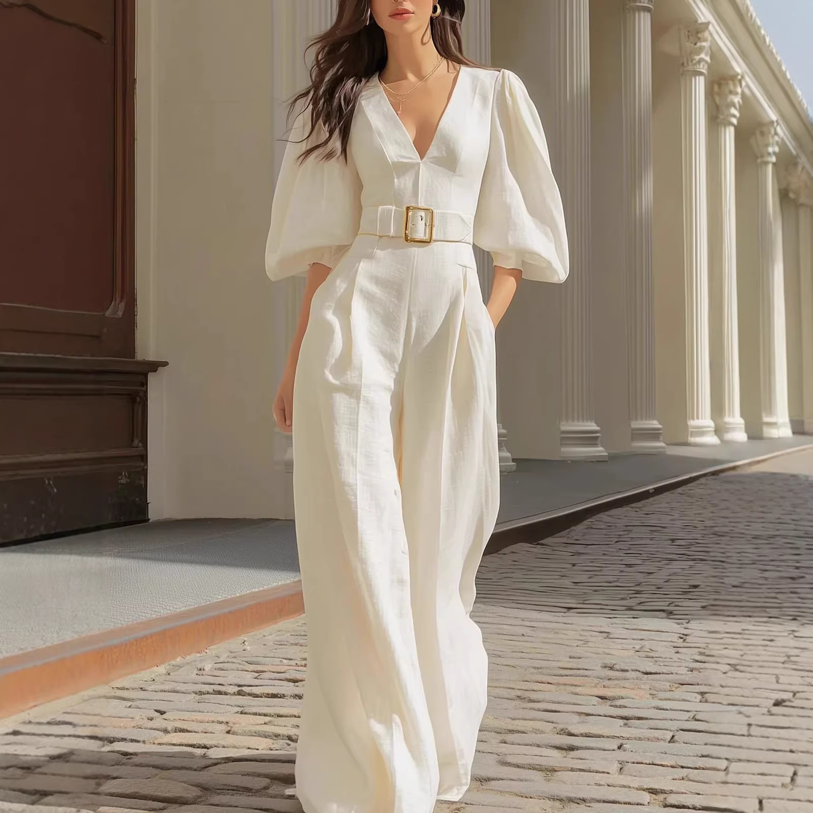 Solid V-Neck Half-Sleeve Belted Jumpsuit with Pockets