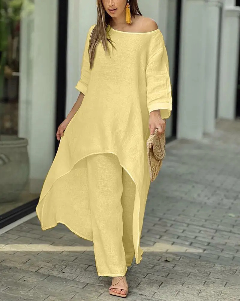 Women's Cotton-Linen Asymmetric Long-Sleeve Wide-Leg Two-Piece Set