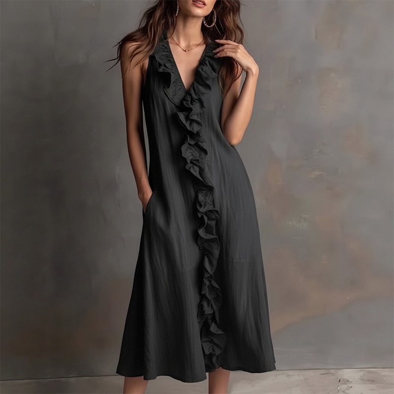 Beach Vacation Dress Women's Summer V-Neck Ruffle Maxi Dress