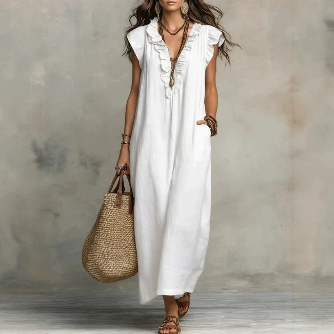 Boho Flutter-Sleeve Maxi Dress with Deep V-Neck