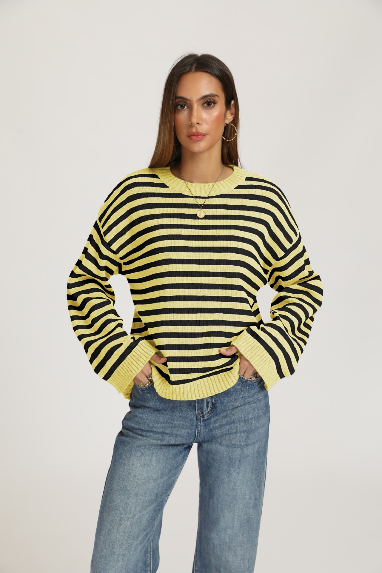 Striped Crewneck Pullover Sweater Loose Knit Top