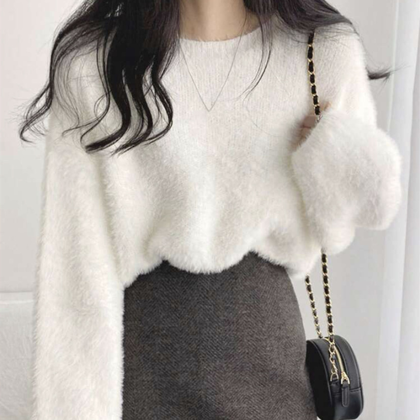 Faux Mink Velvet Crewneck Pullover Sweater Women's Long Sleeve Knit Top