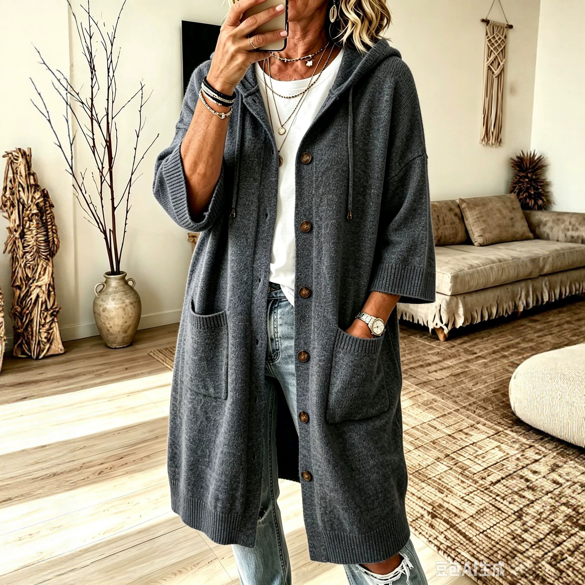 Women's Solid Hooded Drawstring Knit Cardigan Long Sleeve Soft Warm