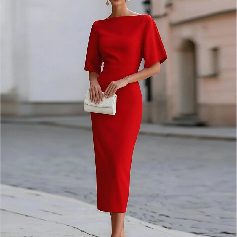 Women's Slim Fit Square Neck Midi Dress Solid Color