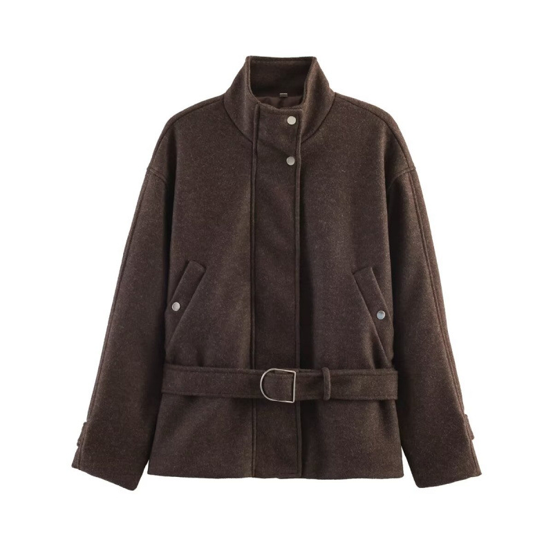 Women's Loose Zip Belted Stand Collar Woolen Jacket
