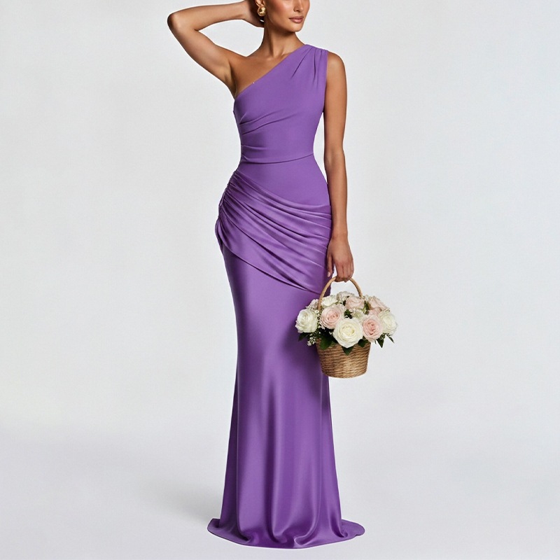Women's One-Shoulder Bodycon Midi Dress Ruched Elegant Party Dress