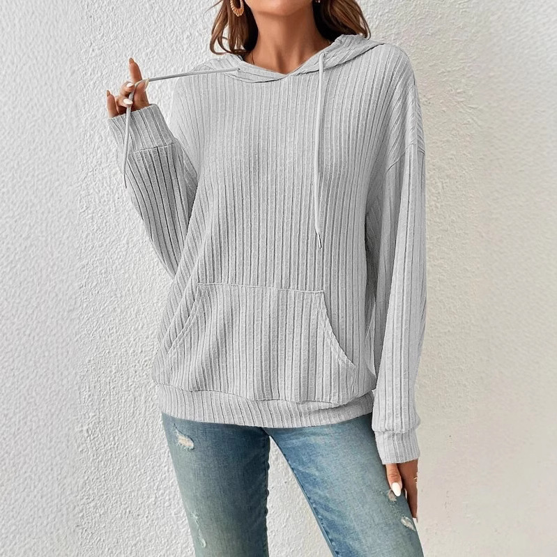 Women's Ribbed Knit Hoodie with Kangaroo Pocket