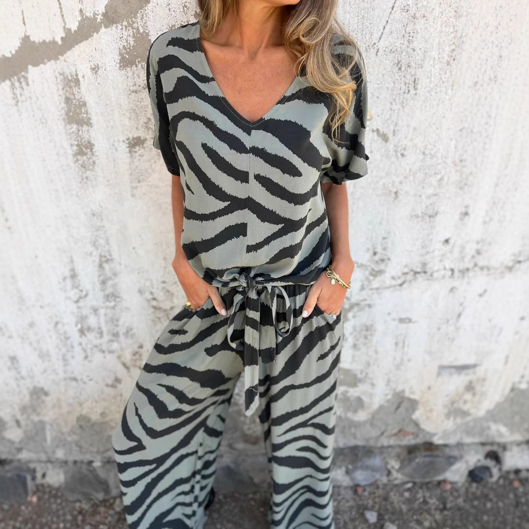 Zebra Print V-Neck Tie Top & Wide-Leg Pants Set