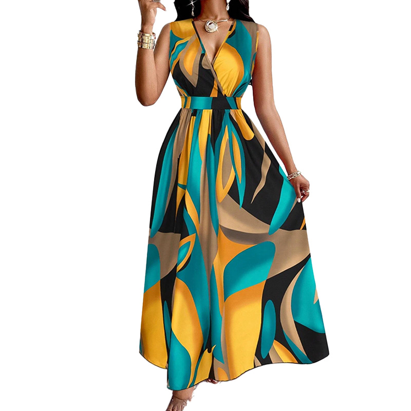 Elegant Floral Print Sleeveless V-Neck A-Line Midi Dress