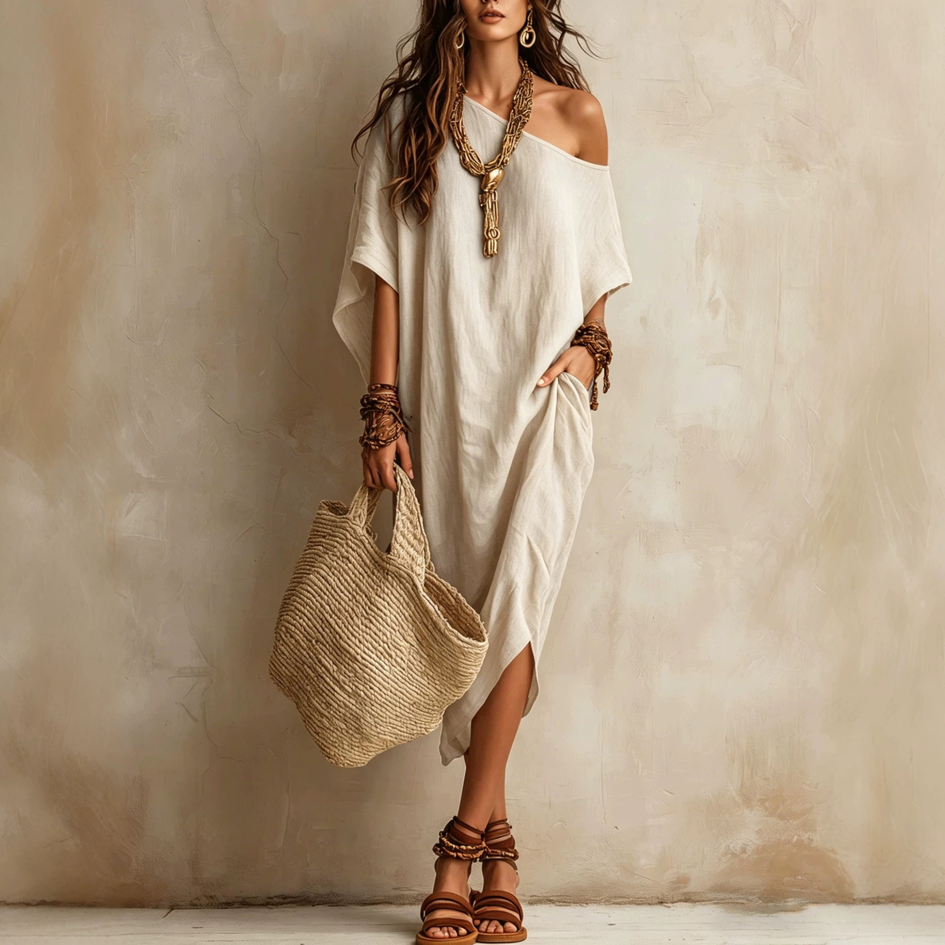 Women's One-Shoulder Cotton-Linen Blend Midi Dress with Batwing Sleeves and Slit