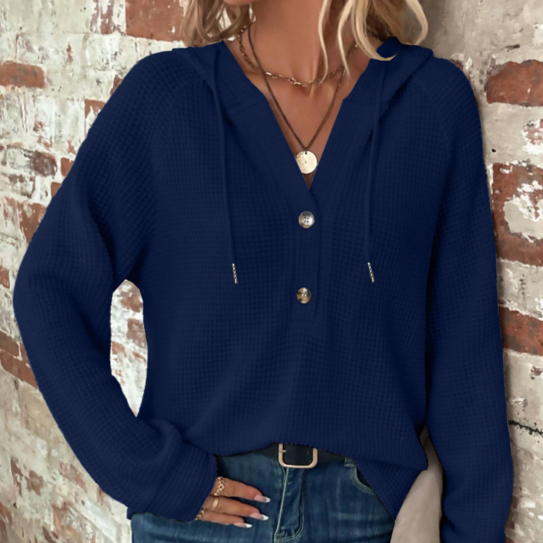 Women's Solid Color Long Sleeve V-Neck Hooded Button Sweatshirt