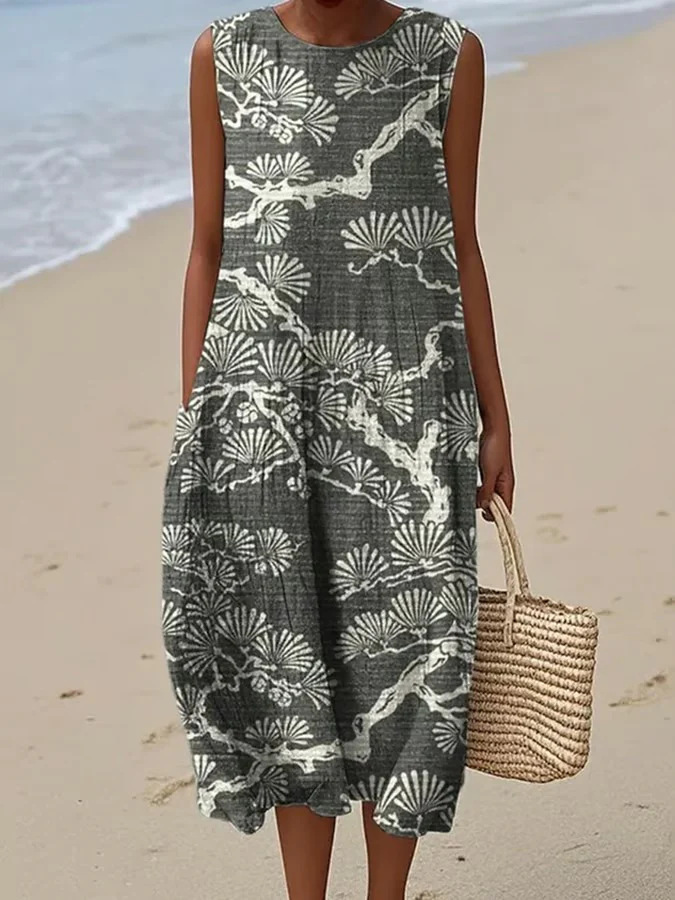Women's Retro Multicolor Striped Floral Sleeveless Midi Dress