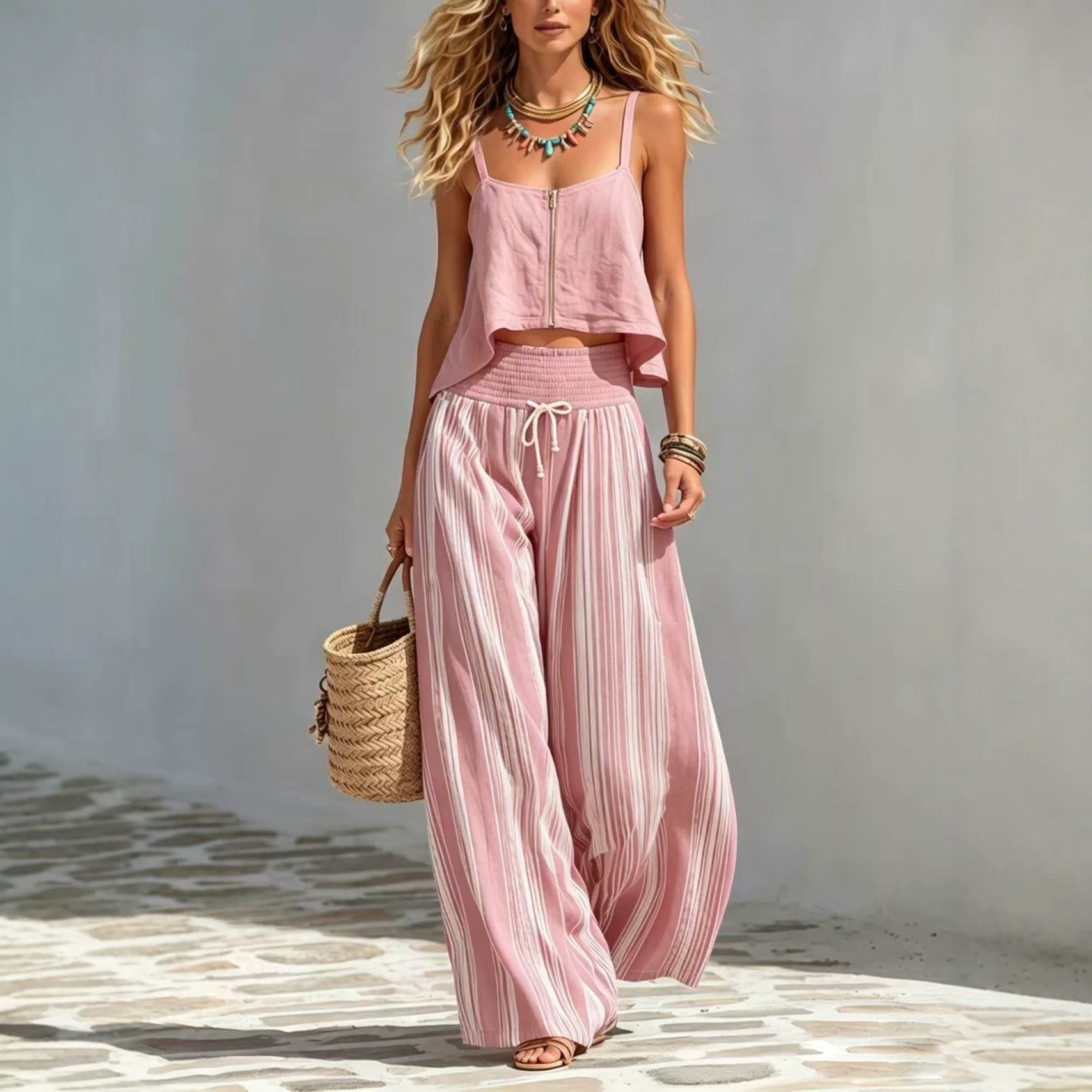 Women's Boho Striped Zip Cami Top & Wide-Leg Pants Set