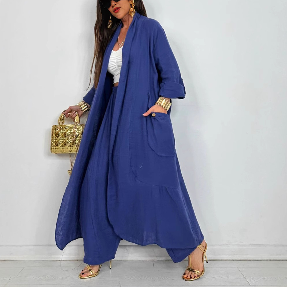 Women's Solid Color Open-Front Long Cardigan Shirt Casual Set