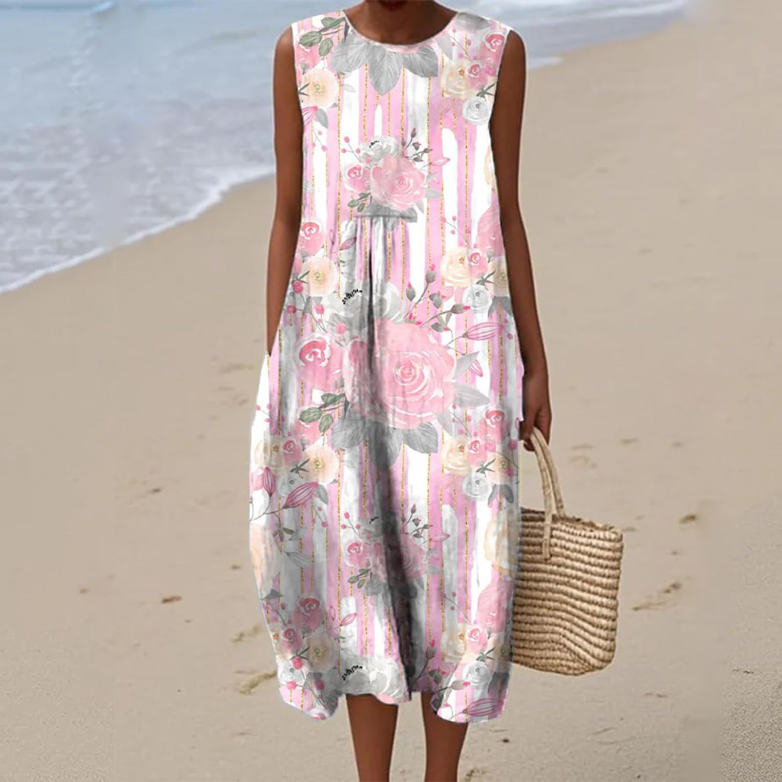Women's Vintage Floral Print Midi Dress Sleeveless Round Neck Slim Fit