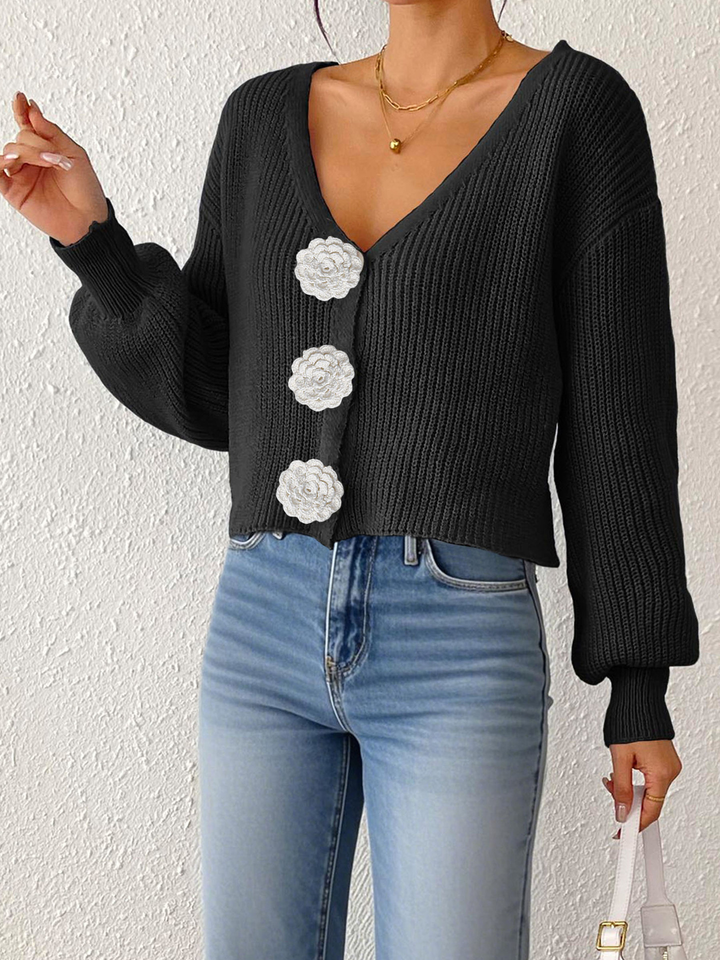 Women's Crochet Floral Button Cardigan Knit Top Short Jacket