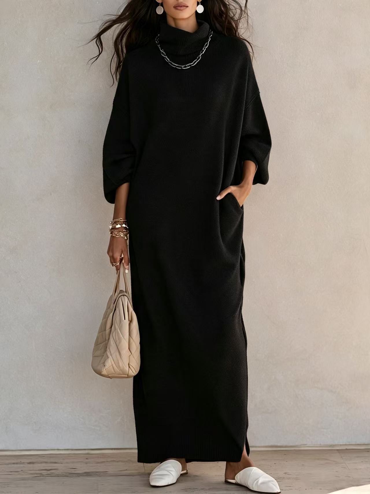 Solid Color Long Sleeve Split Hem A-Line Dress