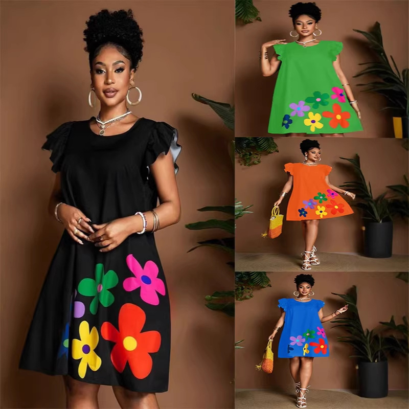 Women's Floral Print A-Line Dress with Round Neck and Ruffle Sleeves