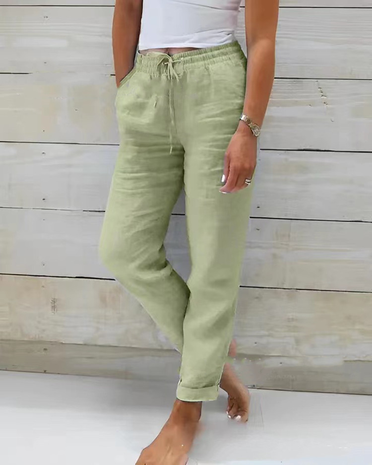 Women's Cotton-Linen Wide-Leg Pants Elastic Waist Solid Color Loose Fit