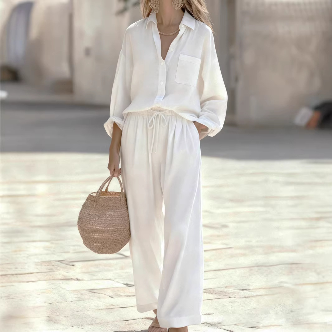 Women's Solid Color Faux Linen Long Sleeve Loose Top Set