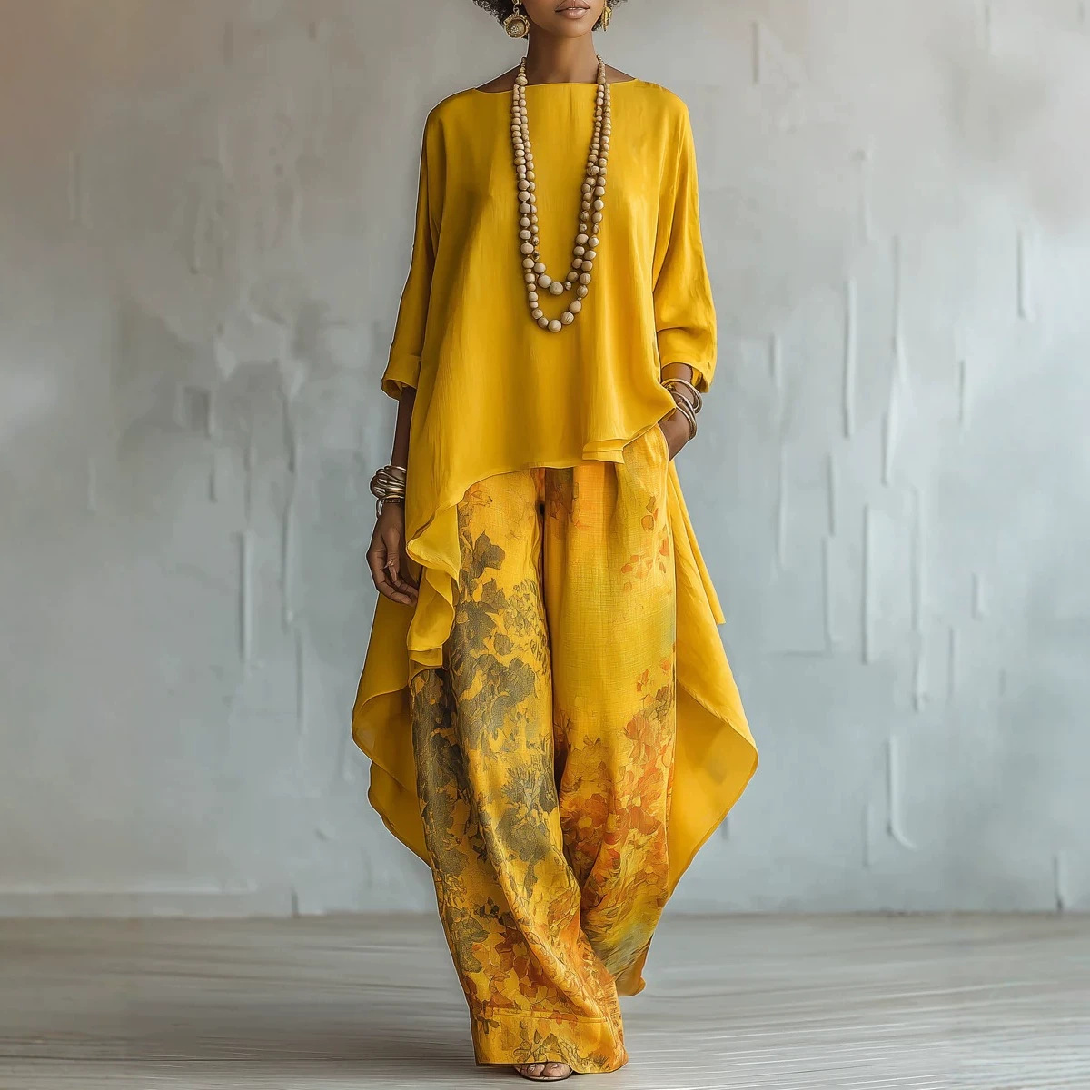 Digital Print Wide-Leg Pants and Crewneck Long-Sleeve Top Two-Piece Set