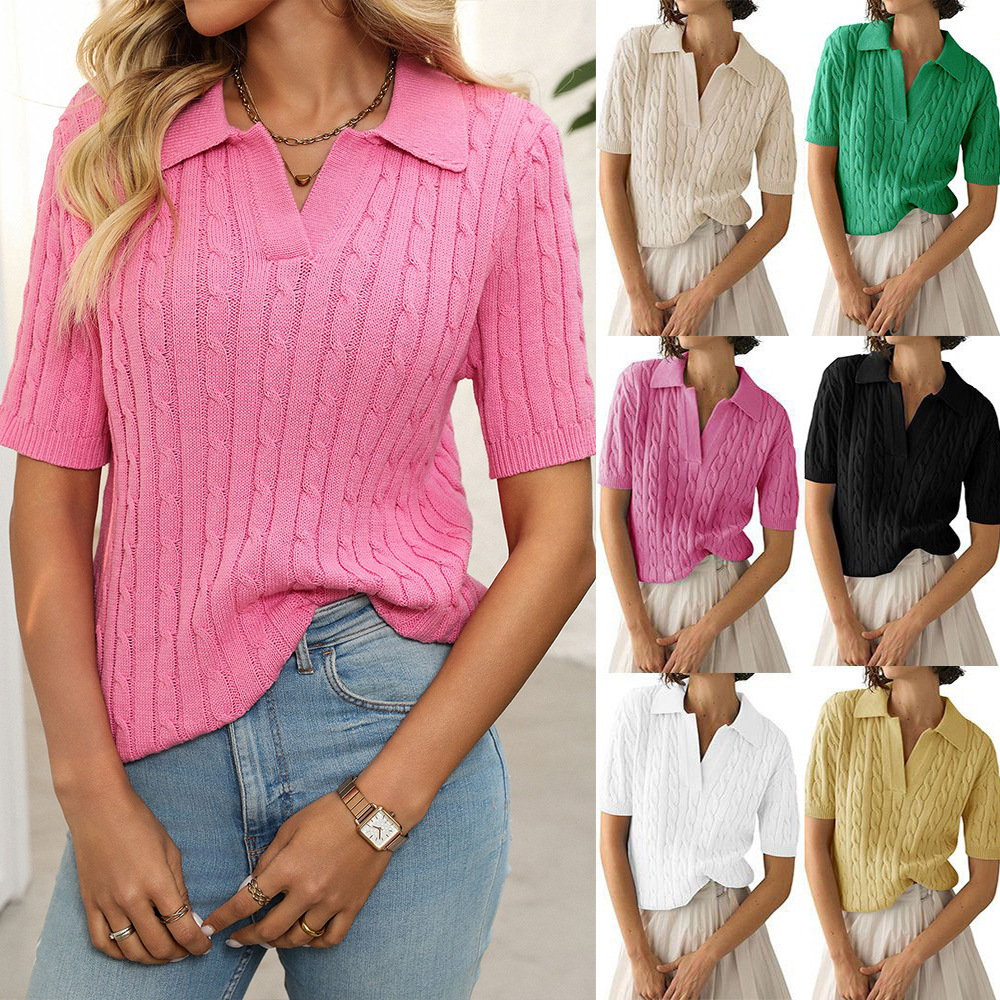 Women's Cable Knit V-Neck Polo Collar Short Sleeve Pullover Sweater