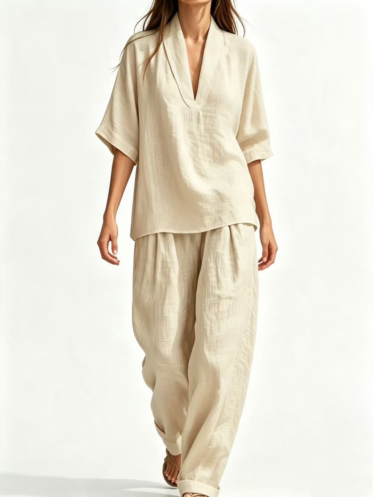 Women's Casual Linen Two-Piece Set Short Sleeve Tee & Pants