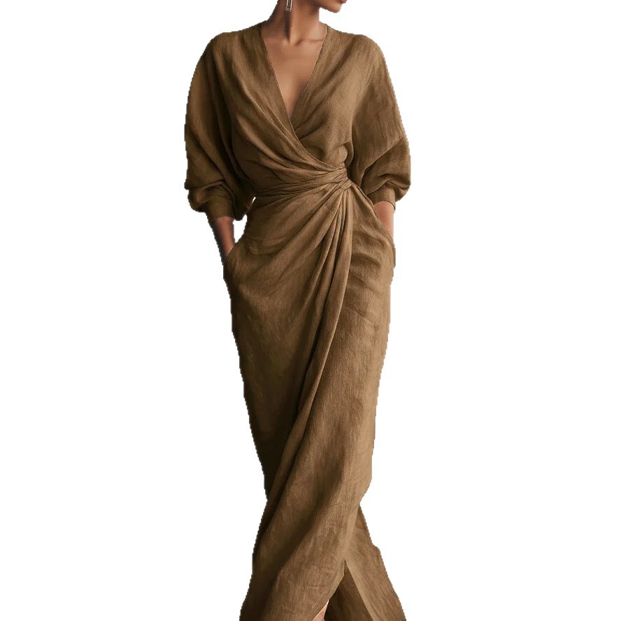 V-Neck Solid Linen-Blend Loose A-Line Midi Dress