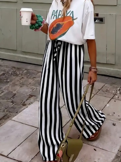 Women's Loose Straight-Leg Striped Print Pants Casual Colorblock