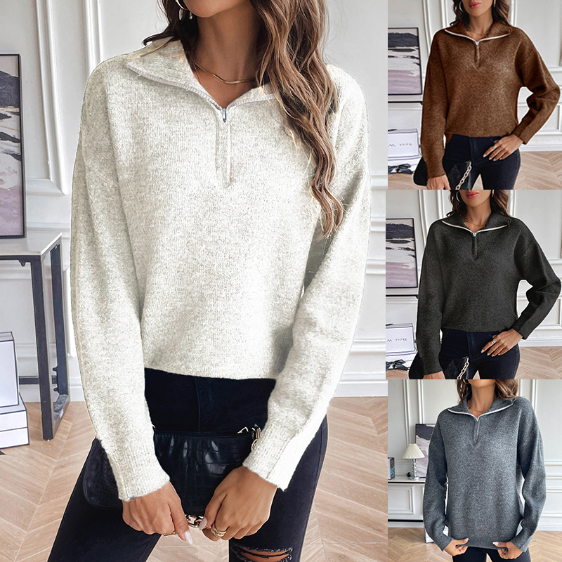 Women's Collared Long Sleeve Knit Sweater Solid Zip Pullover