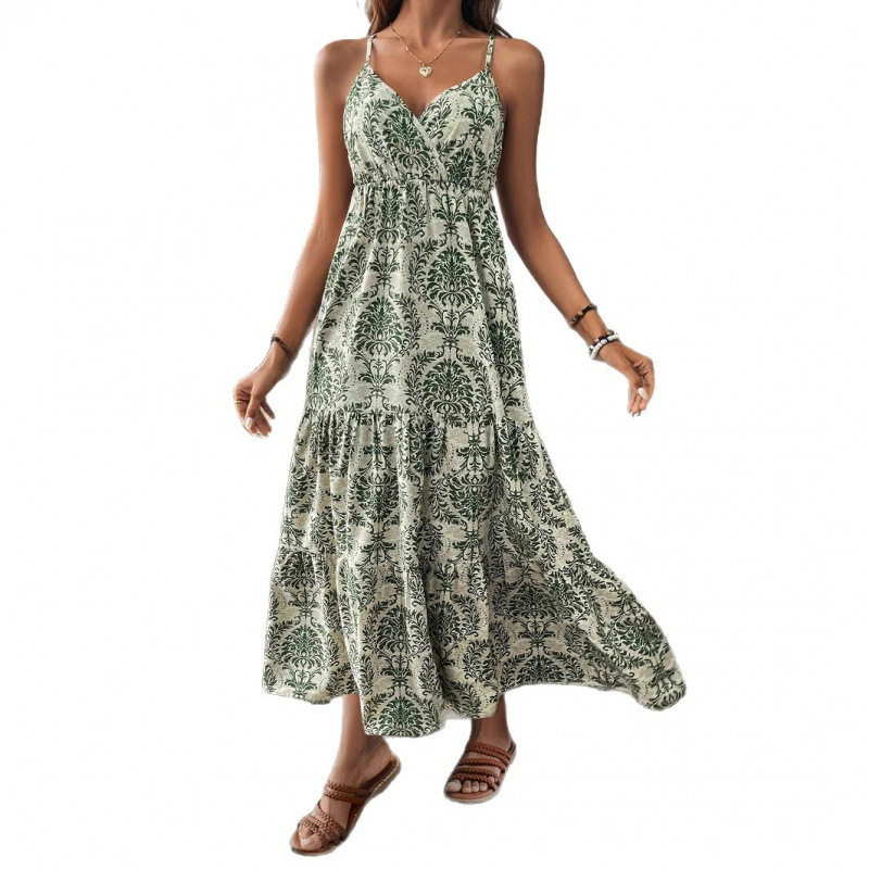 Classic Print Deep V Slip Dress Sleeveless High Waist Long