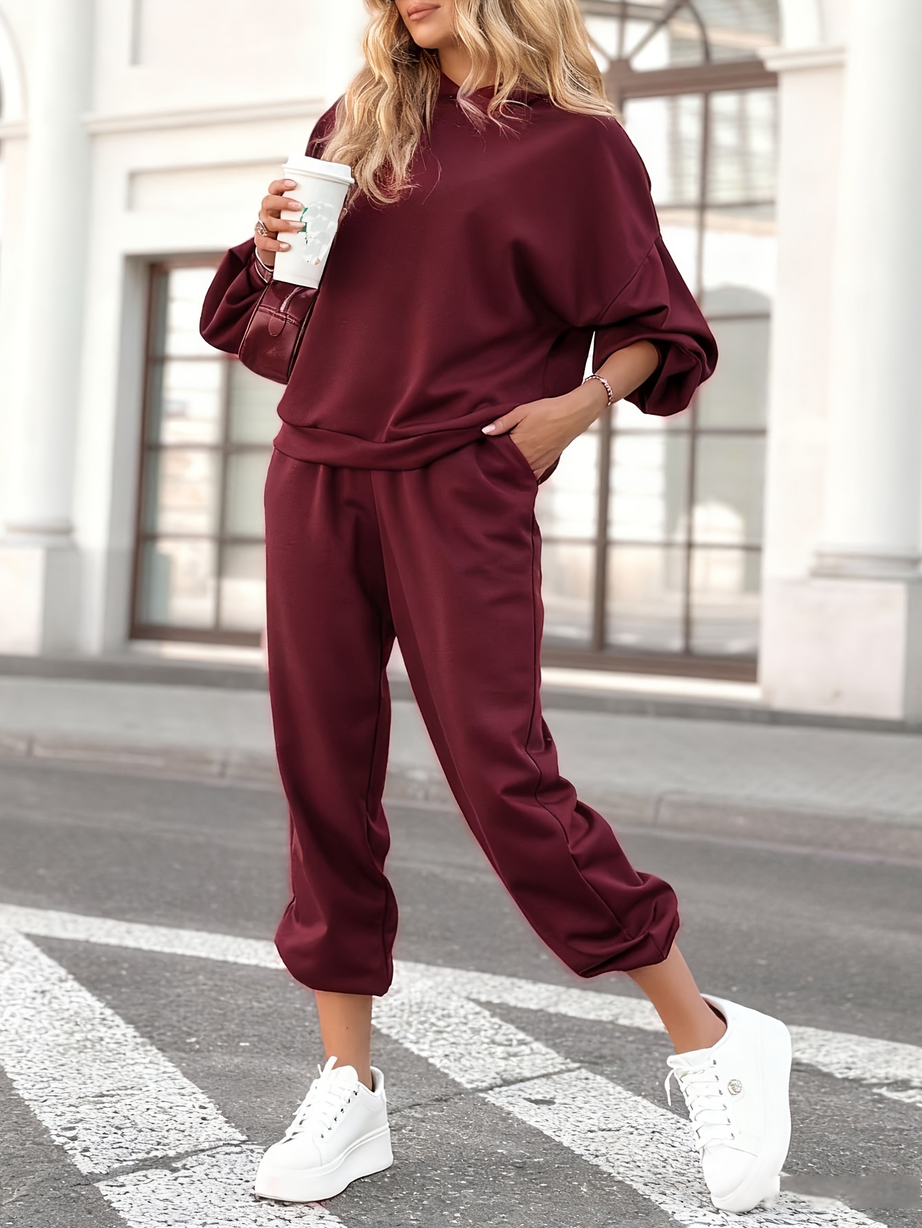 Women's Solid Color Crewneck Long Sleeve Sweatshirt and Pants Set Casual Streetwear