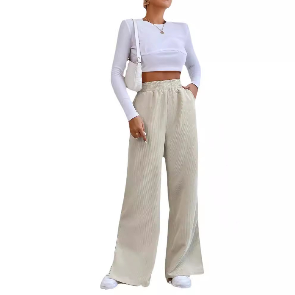 Women's High-Waist Corduroy Pants with Split Hem