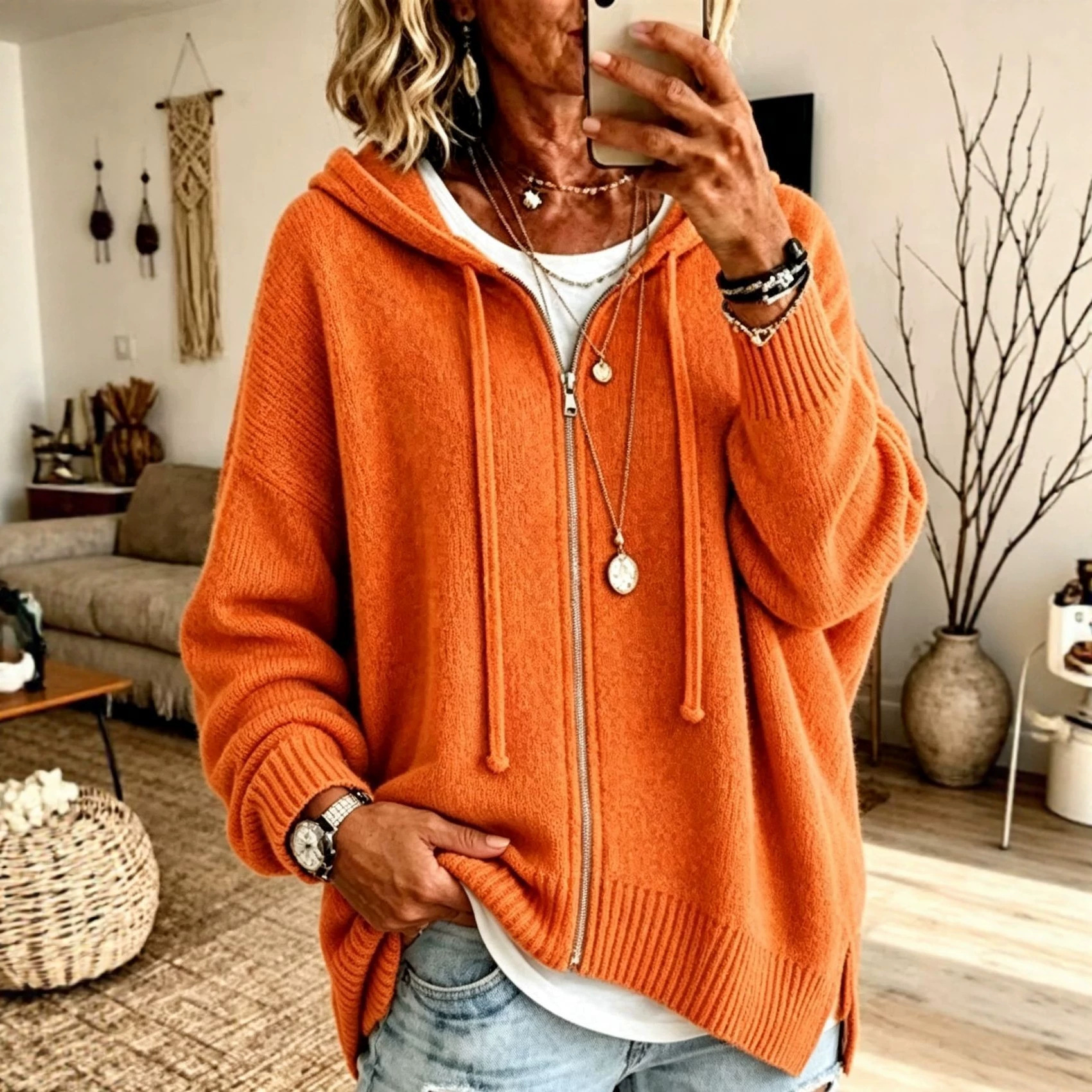 Women's Zip-Up Hooded Knit Cardigan Sweater