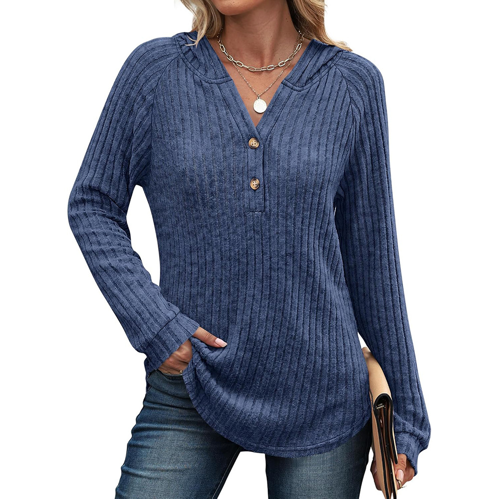 Solid V-Neck Button Loose Hooded Fleece Knit Top