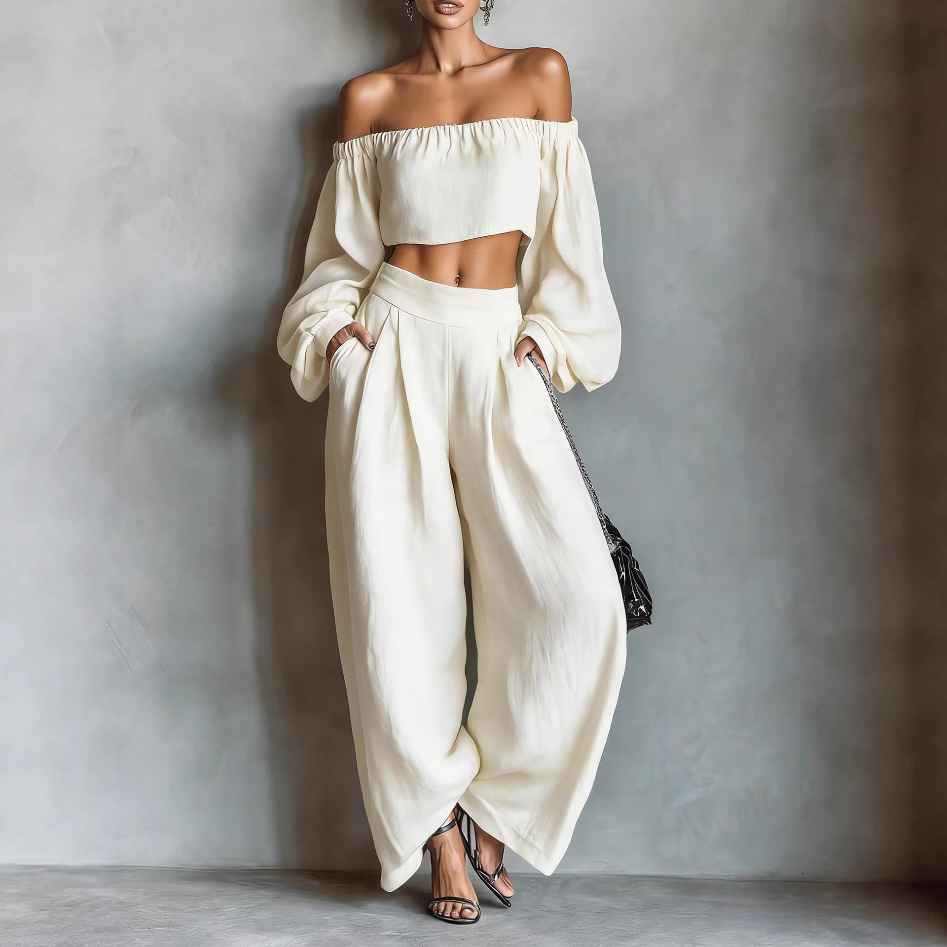 Off-Shoulder T-Shirt and Wide-Leg Pants Two-Piece Set