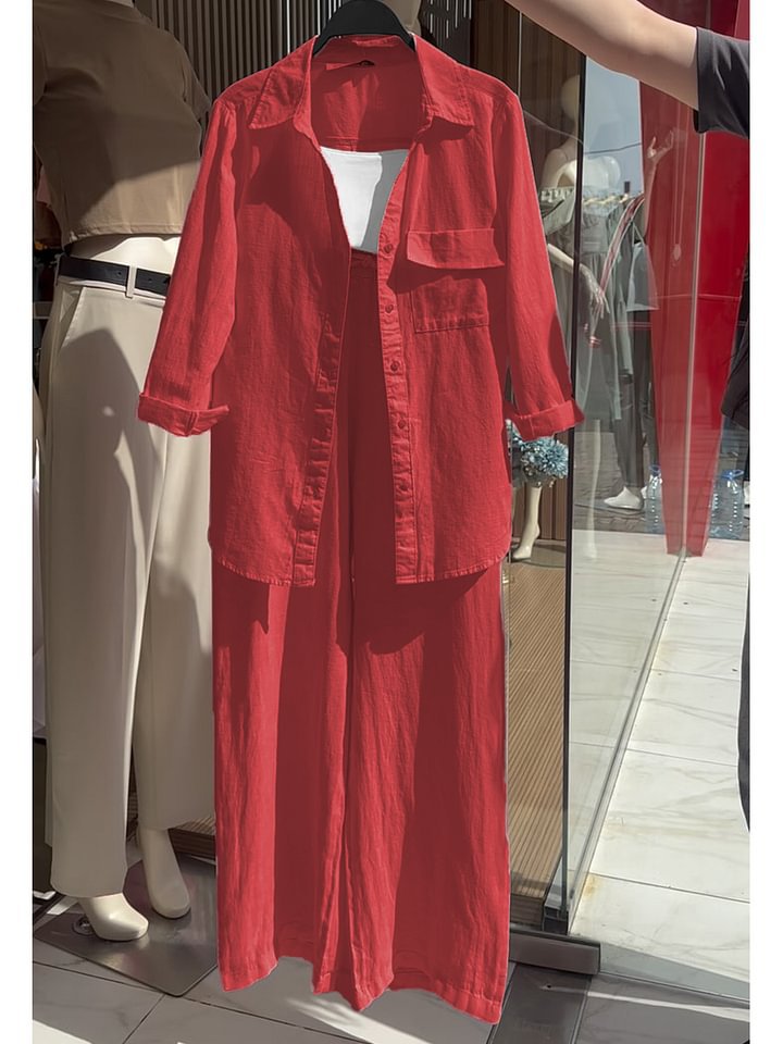 Women's 2-Piece Cotton-Linen Shirt and High-Waist Wide-Leg Pants Set
