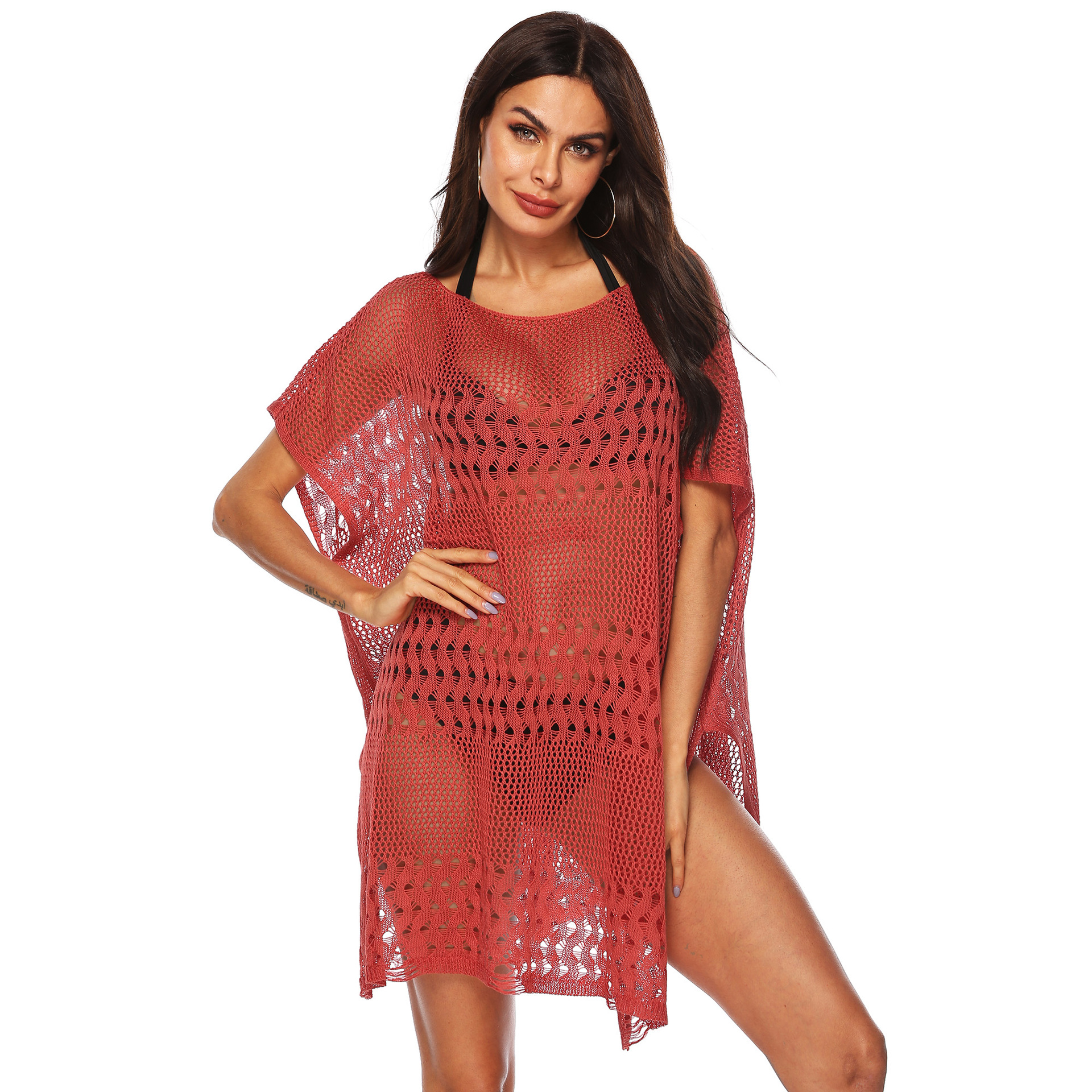 Women's Sheer Hollow-Out Knit Beach Cover-Up Dress