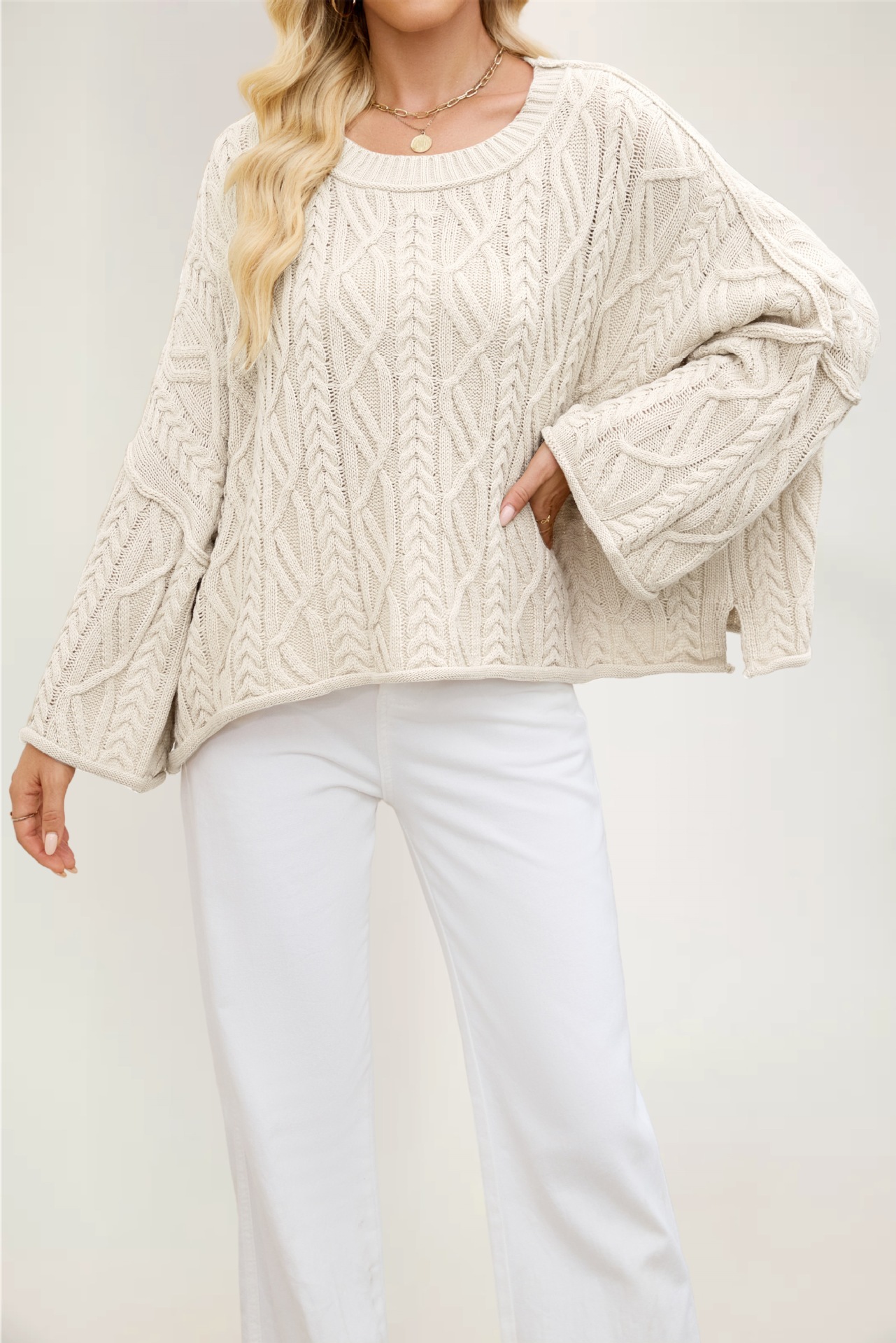 Cable-Knit Crewneck Loose Solid Color Sweater
