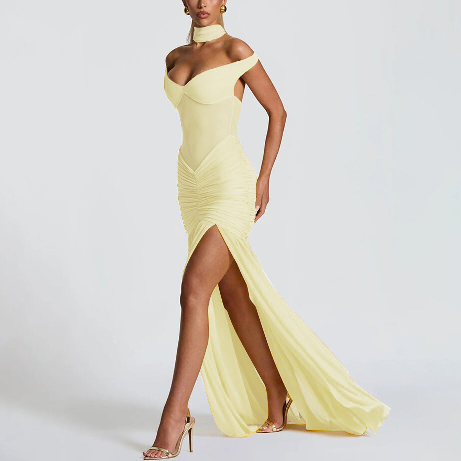 Women's Strapless Mesh Panel Ruched Slit Long Dress