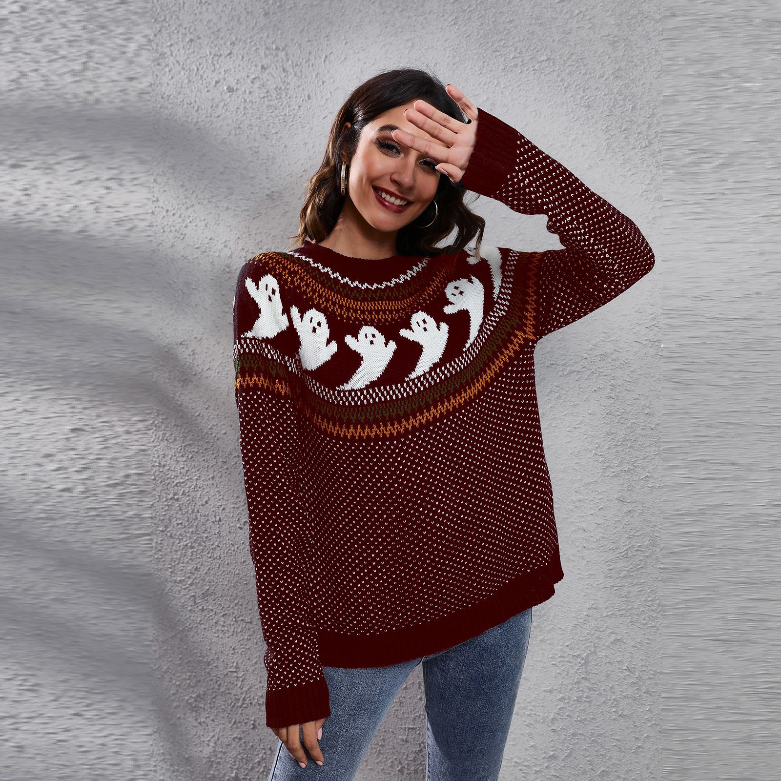 Halloween Ghost Polka Dot Long Sleeve Knit Sweater Women Loose Fit