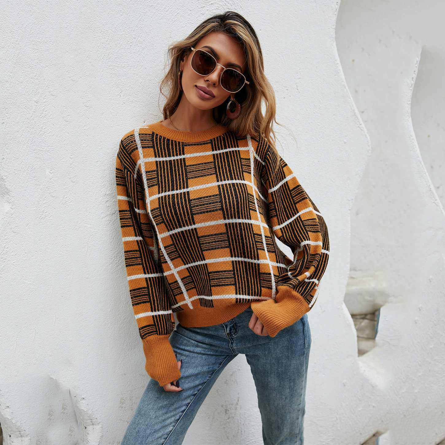 Plaid Pullover Sweater Women's Crewneck Long Sleeve Knit Top