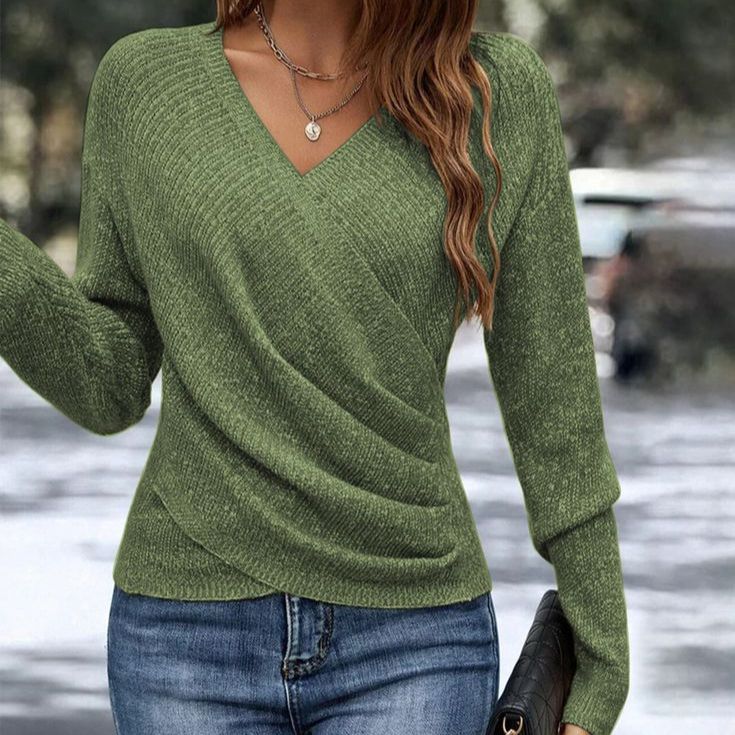V-Neck Long-Sleeve Cross-Front Solid Knit Sweater