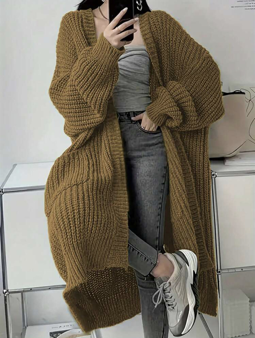 Women's Long Over-Knee Knit Cardigan Loose V-Neck Open Front Sweater Coat
