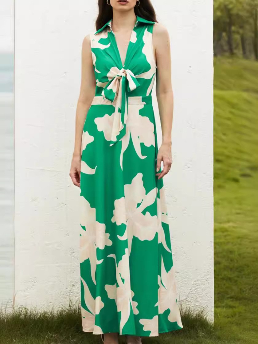 V-Neck Floral Print Midi Dress Sleeveless French Style