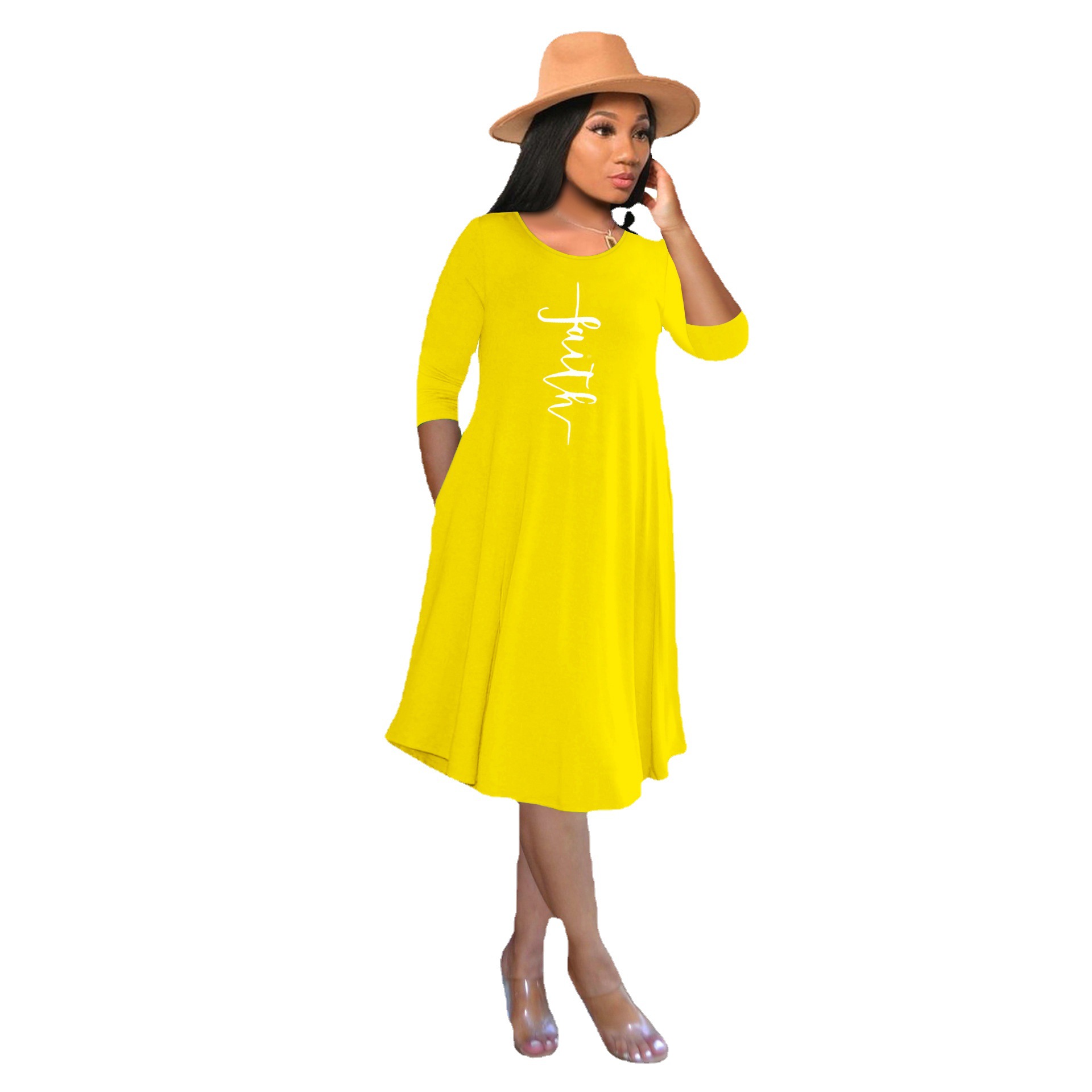 Faith Print A-Line Midi Dress with 3/4 Sleeves